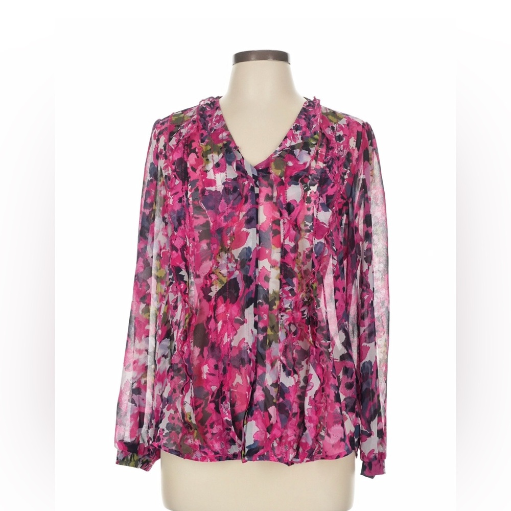 Chico’s Pink Floral Ruffle V-Neck Blouse